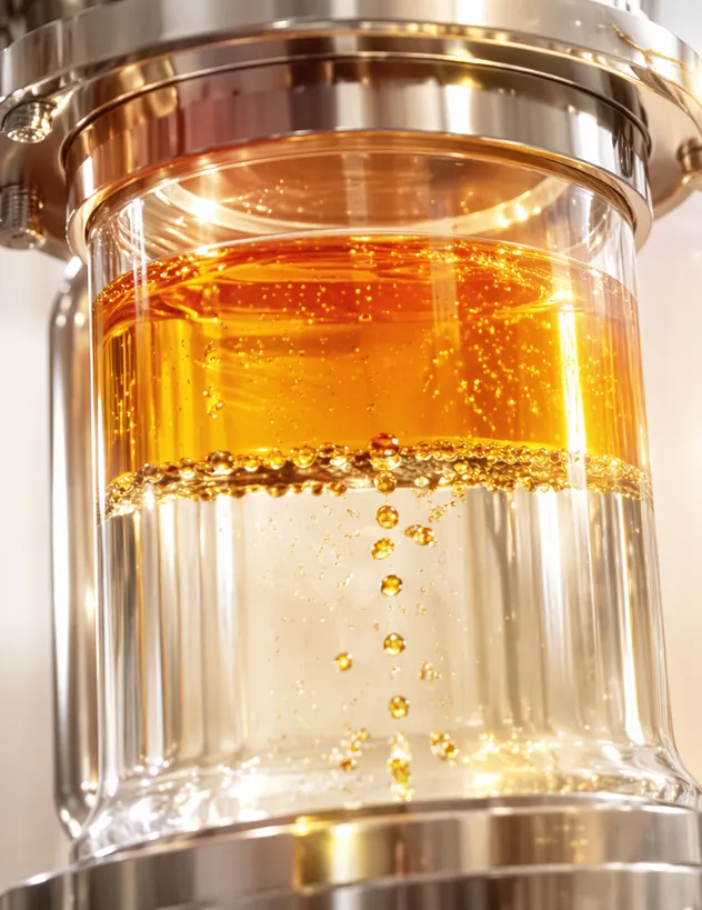 Amber oil layer separating cleanly above a clear water phase inside a glass and steel separator vessel